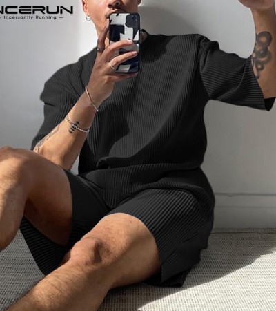 INCERUN男式短裤运动套装短袖T恤和短裤Loungwear健身房运动套装套装（西式）