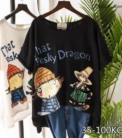 PKOGF夏季新款加大码女式T恤休闲宽松卡通印花图案加大码短袖上衣