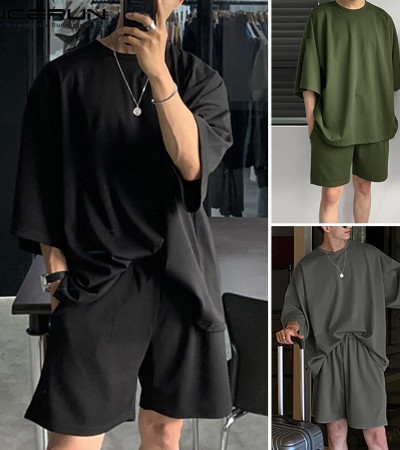 Beehoo INCERUN男式短袖软睡衣T恤短裤套装睡衣套装休闲套装